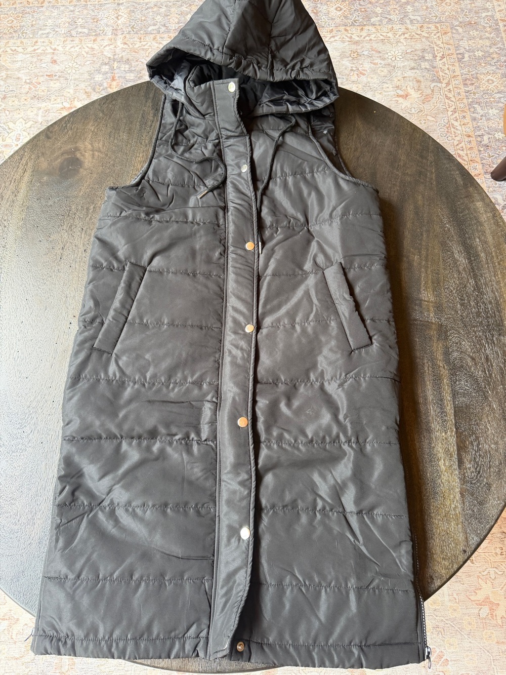 Long Puffer Hooded Vest - Black